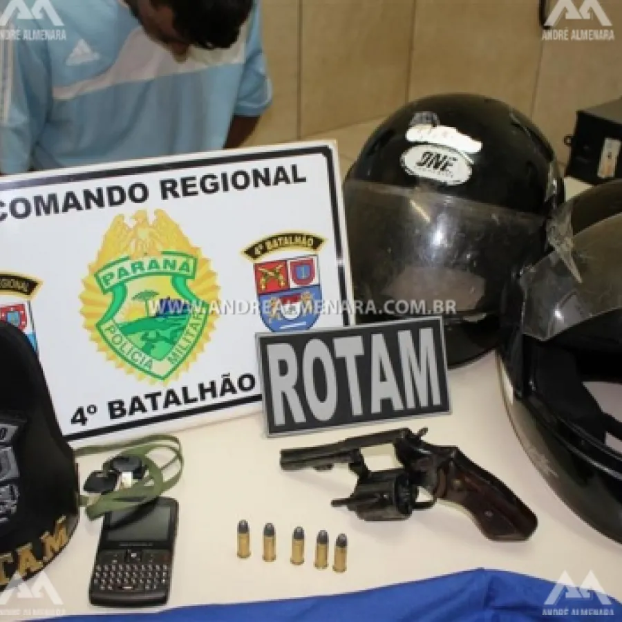 BANDIDOS SE PREPARAVAM PARA ASSALTAR FARMÁCIA EM MARINGÁ QUANDO TROMBAM COM GUARNIÇÃO DA ROTAM. ARMA DE FOGO É APREENDIDA.