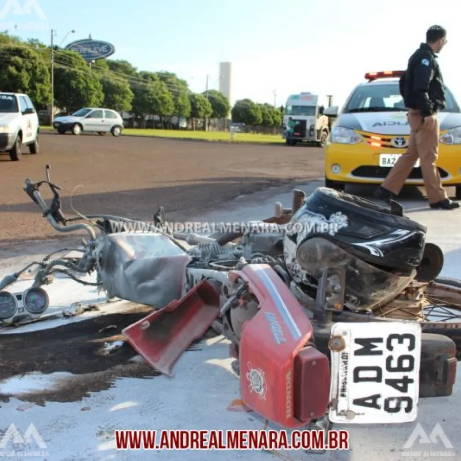 MOTO PEGA FOGO EM ACIDENTE E PILOTO TEM QUEIMADURAS