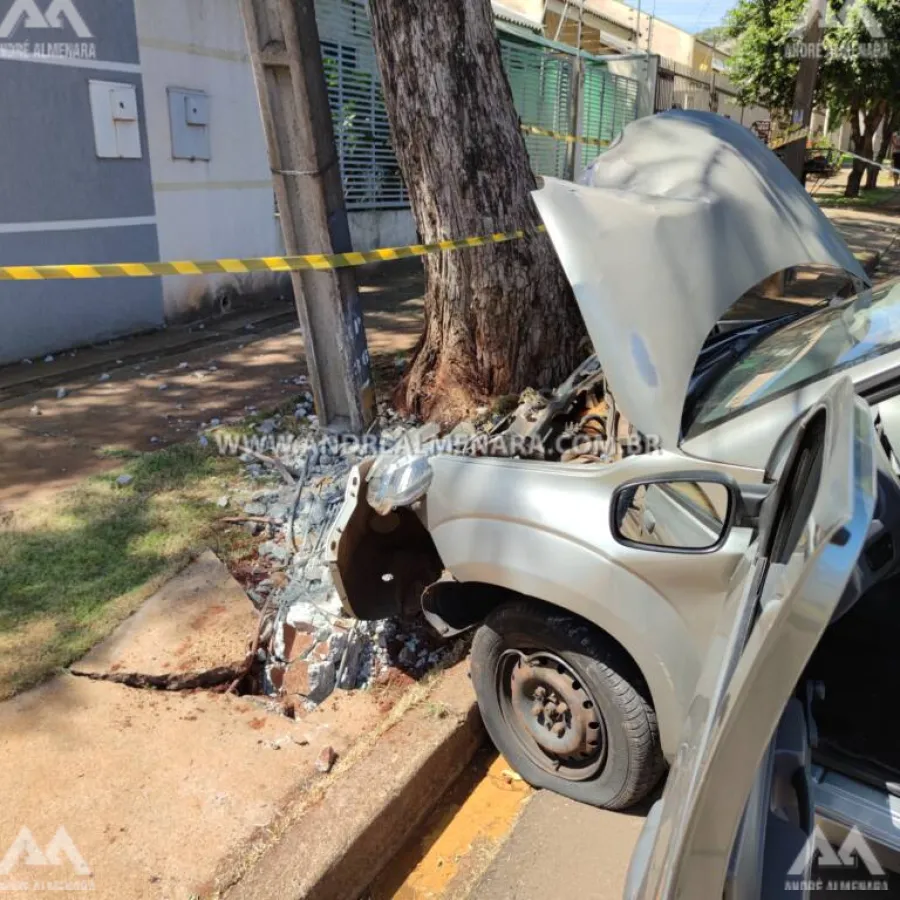 Mulher fica ferida após bater carro em poste