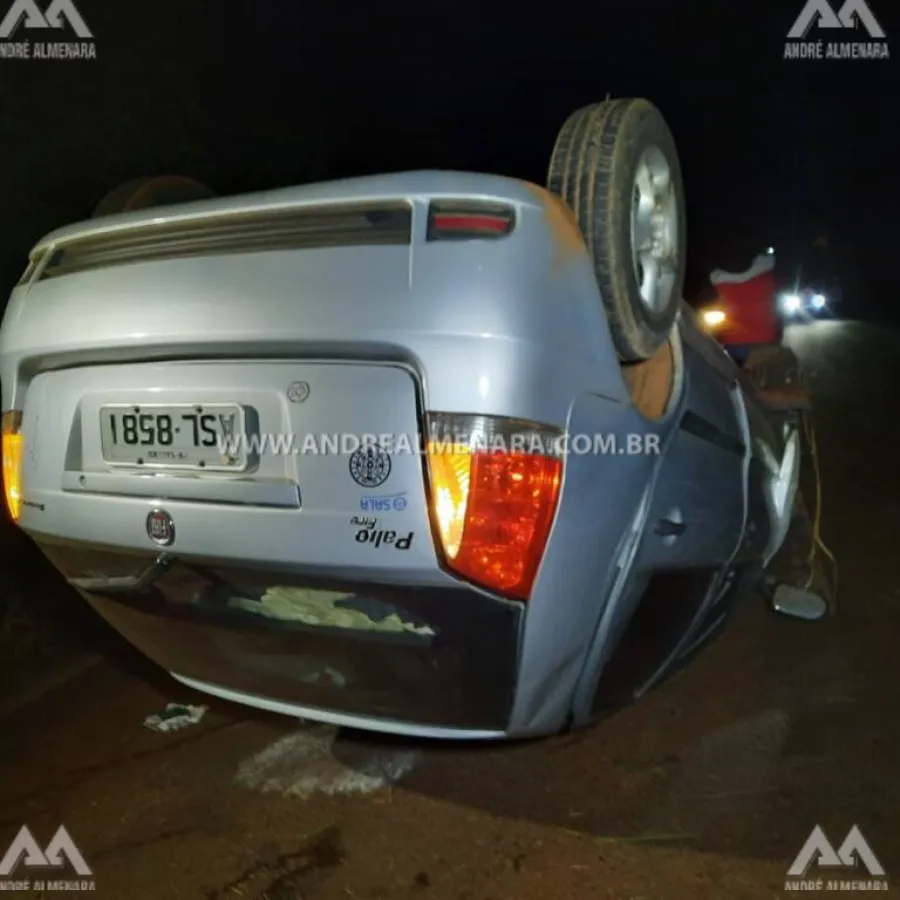 Motorista abandona veículo após capotar no Contorno Sul de Maringá