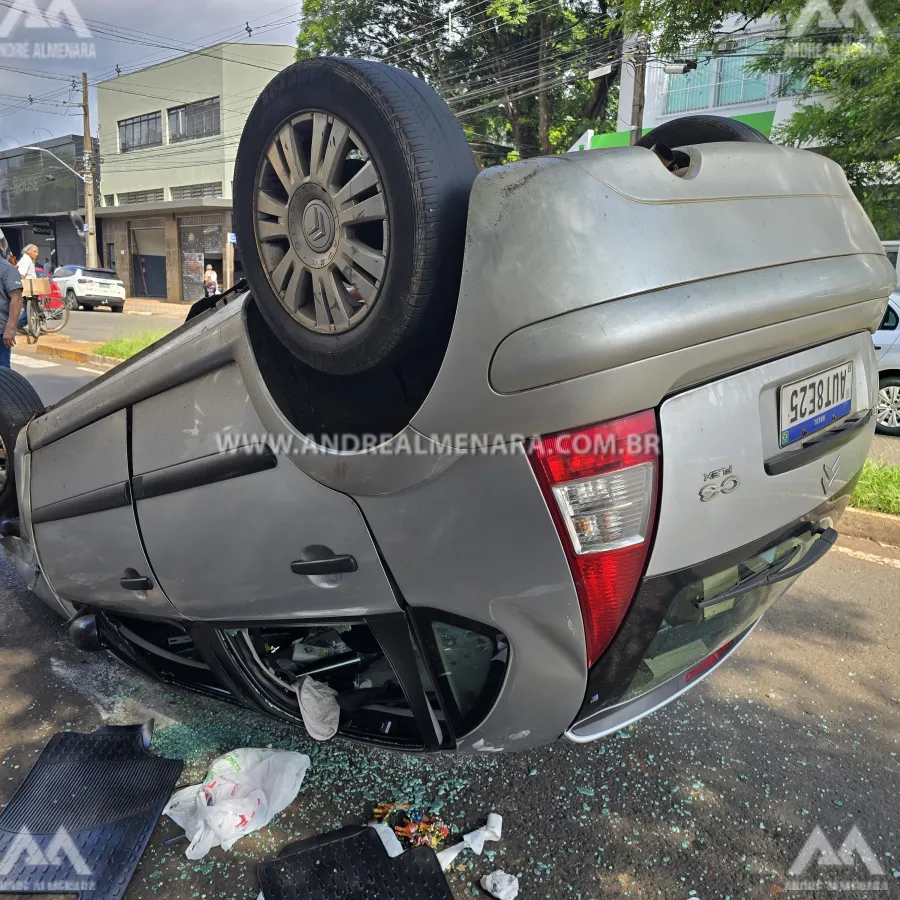 Pai e filha ficam feridos após carro capotar em Maringá