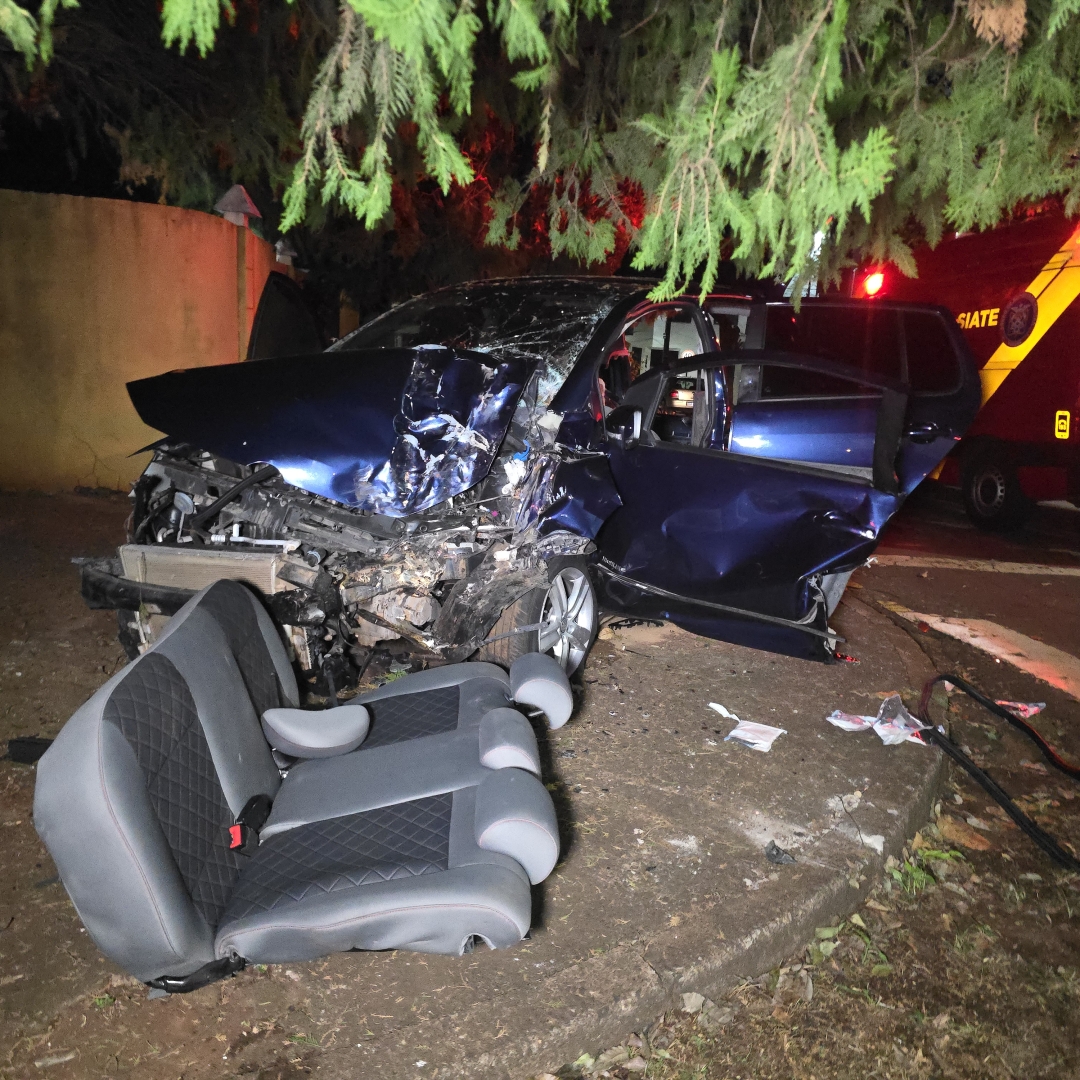 Motorista fica gravemente ferido após bater carro contra árvore no Parque das Grevíleas