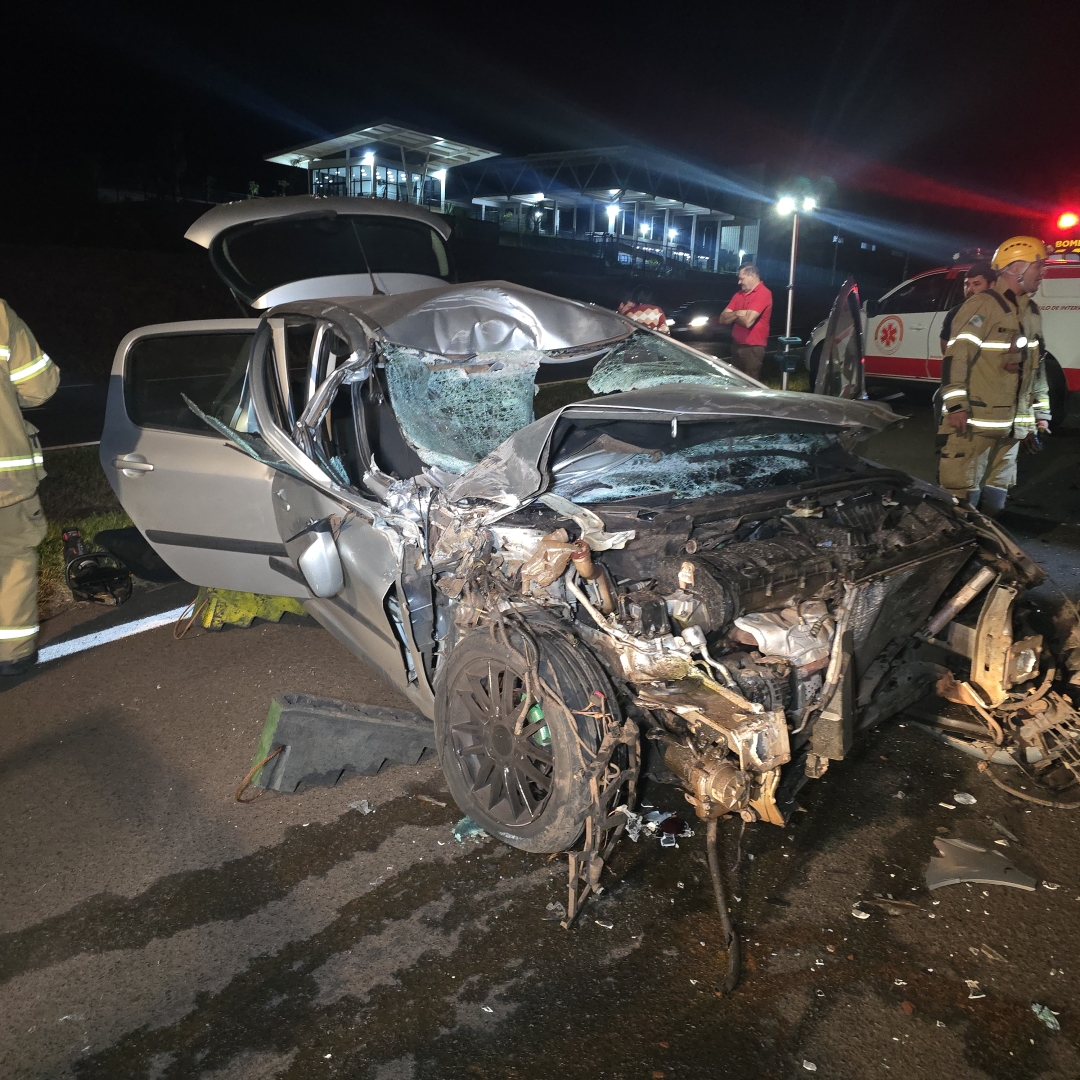 Batida entre Peugeot e caminhão deixa motorista ferido na PR-317
