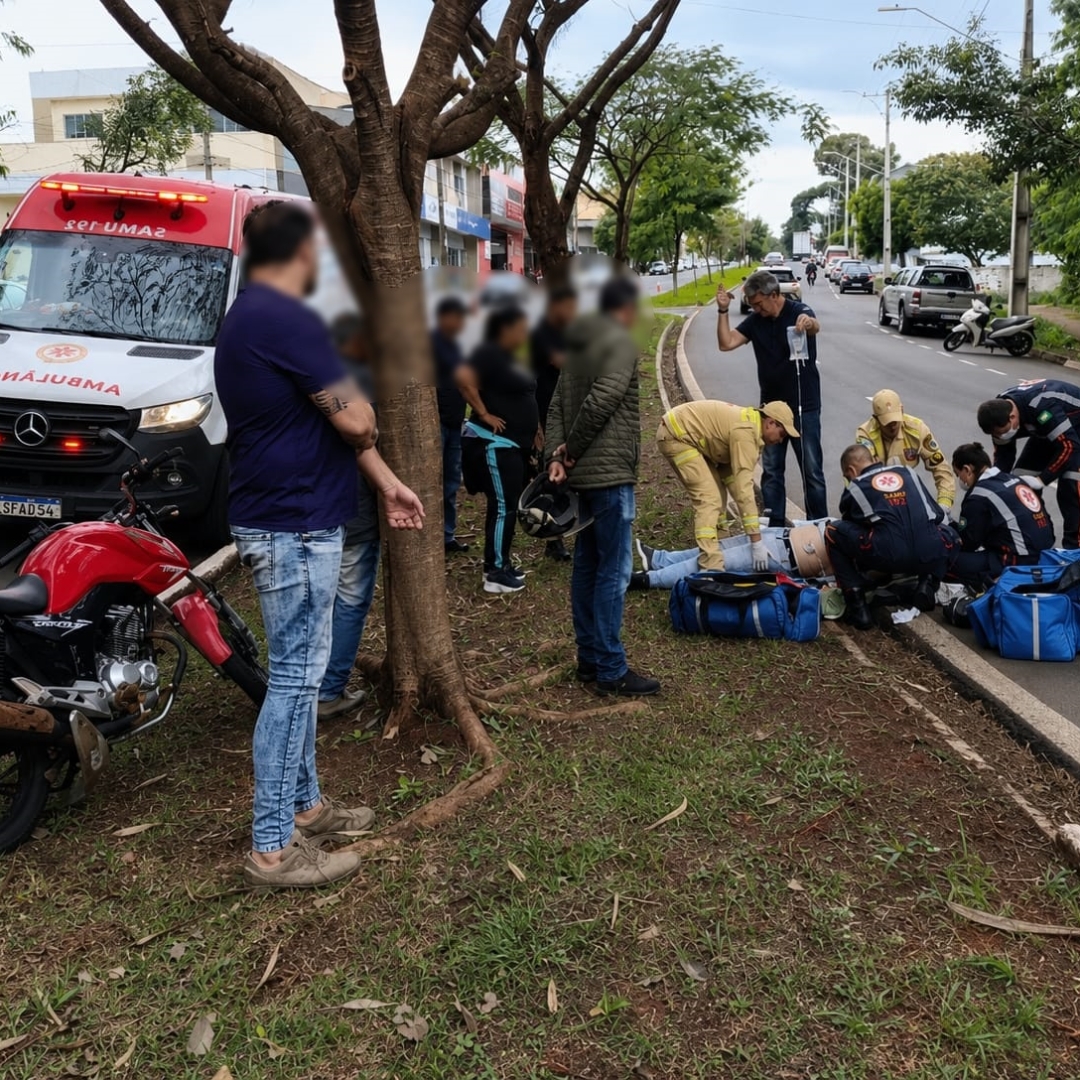 Homem é entubado pelo Samu após bater moto violentamente contra árvore