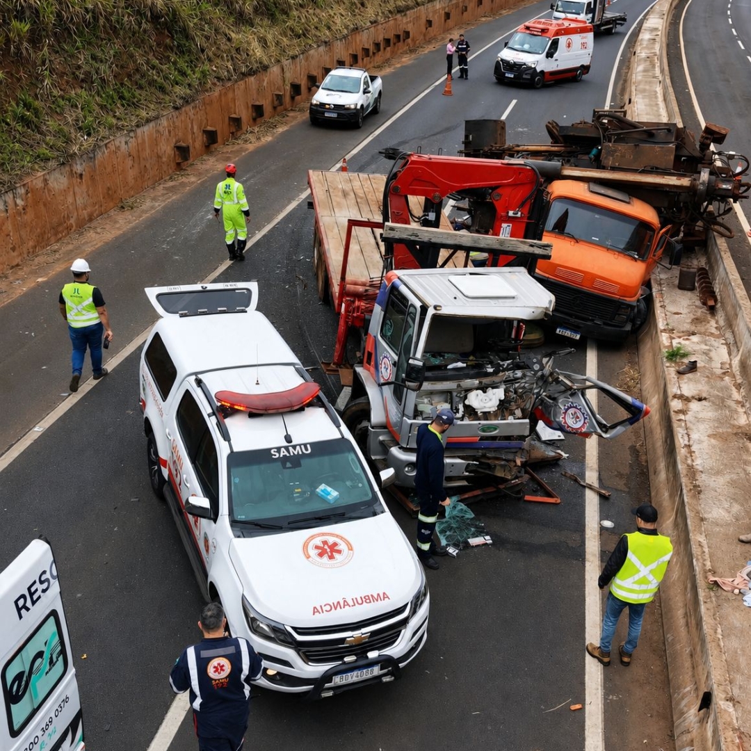 Grave acidente entre caminhões deixa motorista ferido na BR-376, em Mandaguaçu