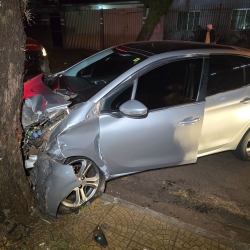 Mulher fica ferida após motorista bater carro contra árvore